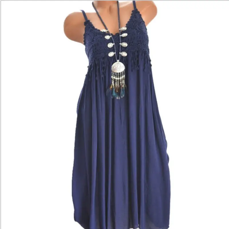 navy dress Кружево Вечернее Платье Без Рукавов Кисточка Бохрома Плюс Сайз XL 5XL Отделанный Оборками Приостановить Белый Платье Мини Женщина На Тонких Бретельках Повседневное Лолита Одноцветный Танцор Лоскутный Платье - Цвет: navy dress