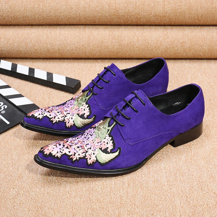 

Design 2018 Genuine Leather Shoes Men Vintage Oxfords For Men Dress Shoes Lace Up Purple Suede Party Mens Stage Dance Shoes