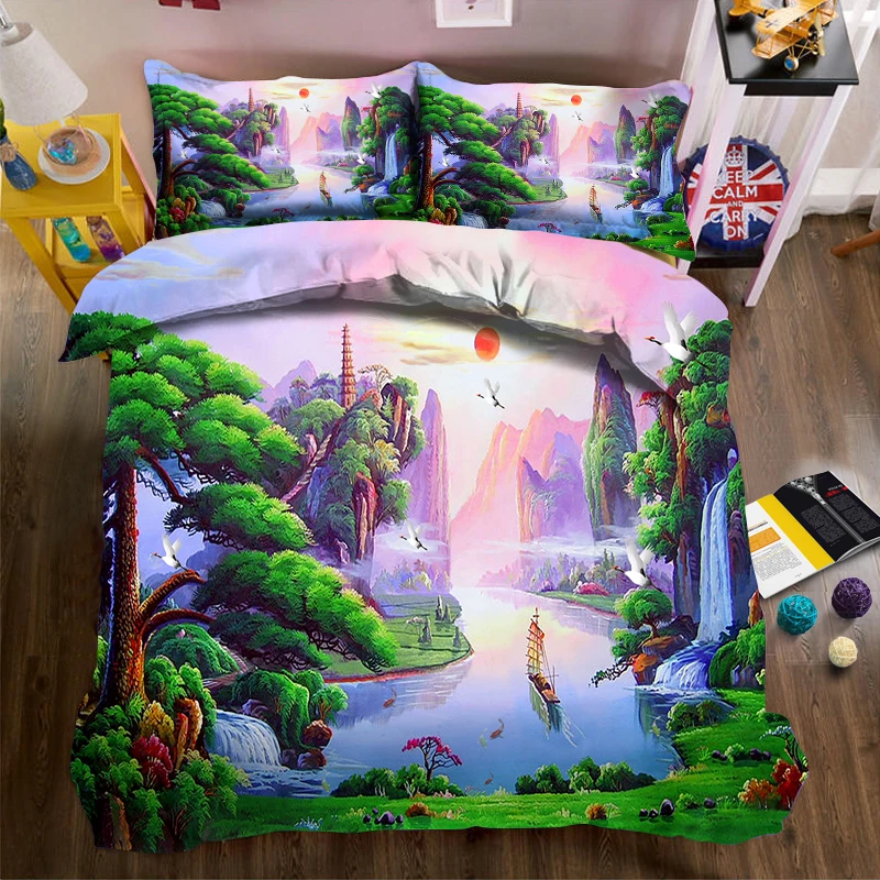 

Landscape Painting of Pine Trees and Rivers 3d effect photo bed linen can be customized photo pattern