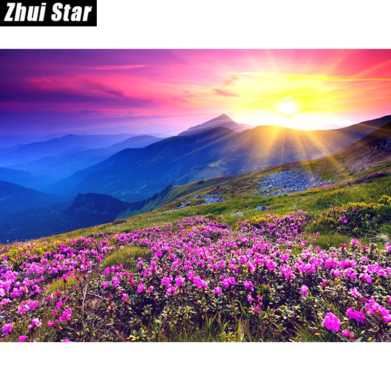 

New Generation DIY 5D Diamond Embroidery Landscape Sunrise and Purple Flower Pattern Painting Rhinestones Diamond Mosaic Kits
