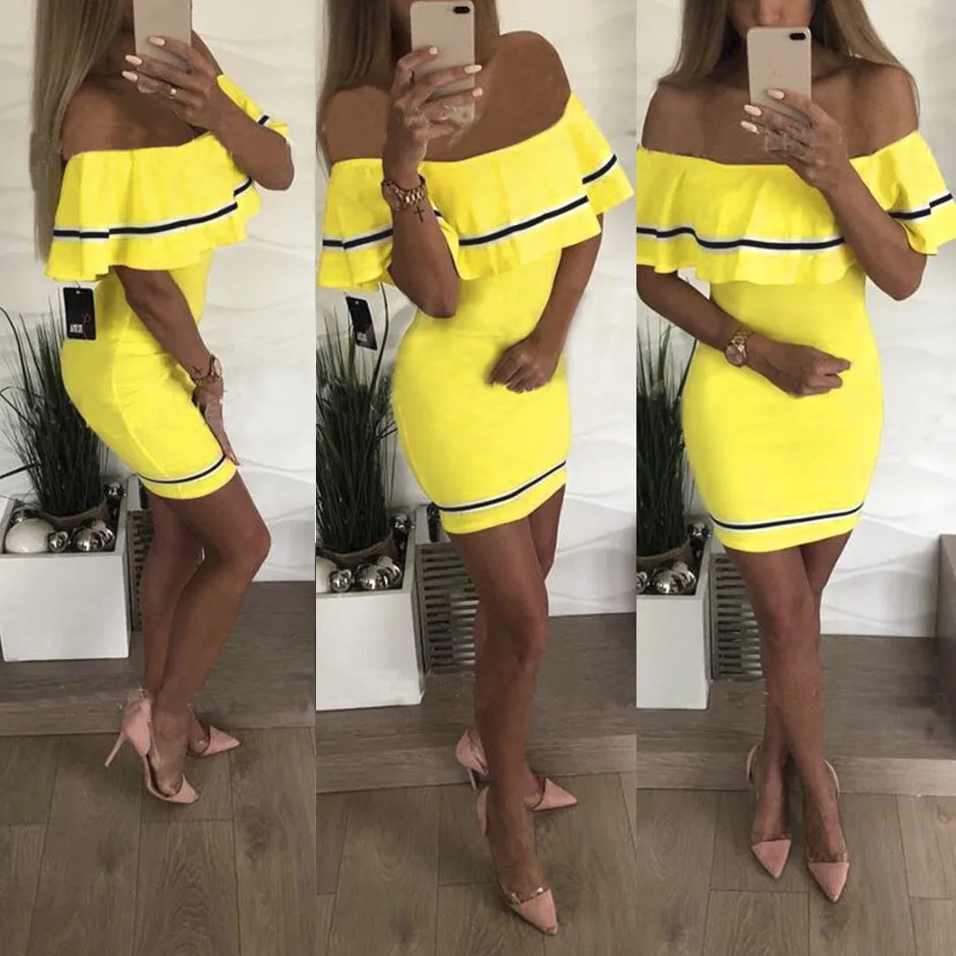 2019 Summer Fashion Women Ruffles Dress Casual Sexy Off Shoulder Party Dress Ladies Dresses Elegant Mini Dresses Female Vestidos