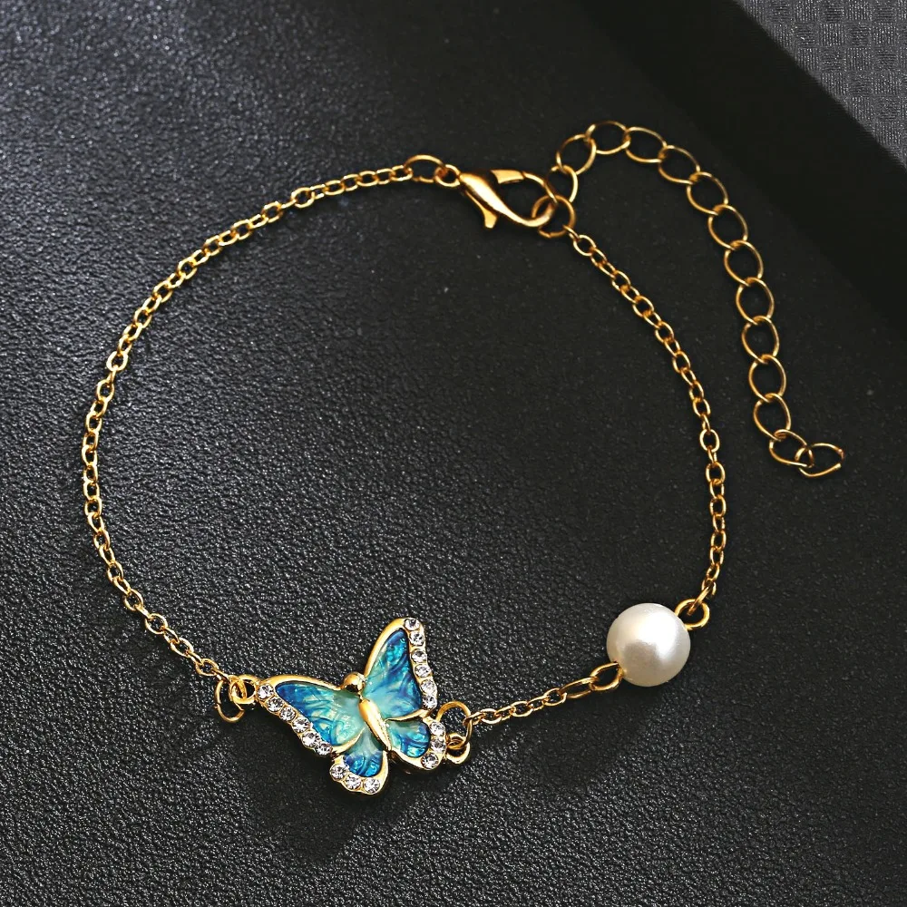 Мода ссылка браслет с маслом окрашены бабочка очарование браслеты с искусственным жемчугом Свадебные Браслеты день рождения подарок