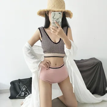

Korean summer ins retro sexy V-collar British style sub-split knitted swimsuit women's two-piece backless swimsuit