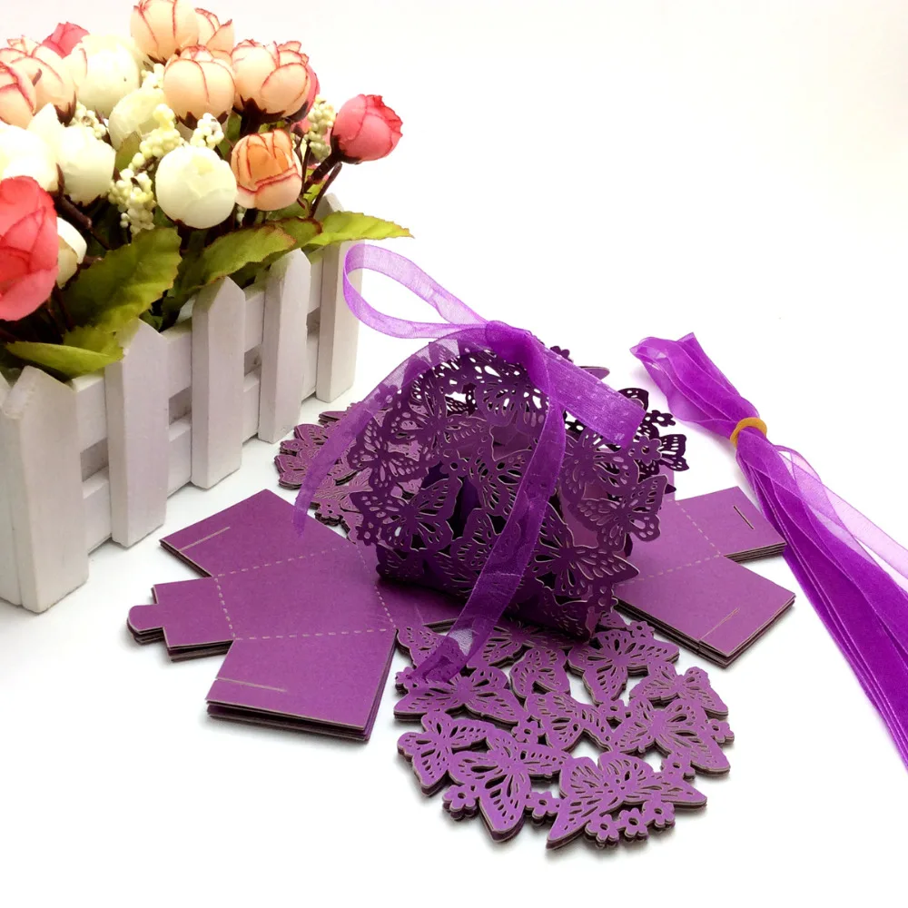 50 pcs/lot Purple Color Romantic Wedding Favor Box With Organza Ribbon
