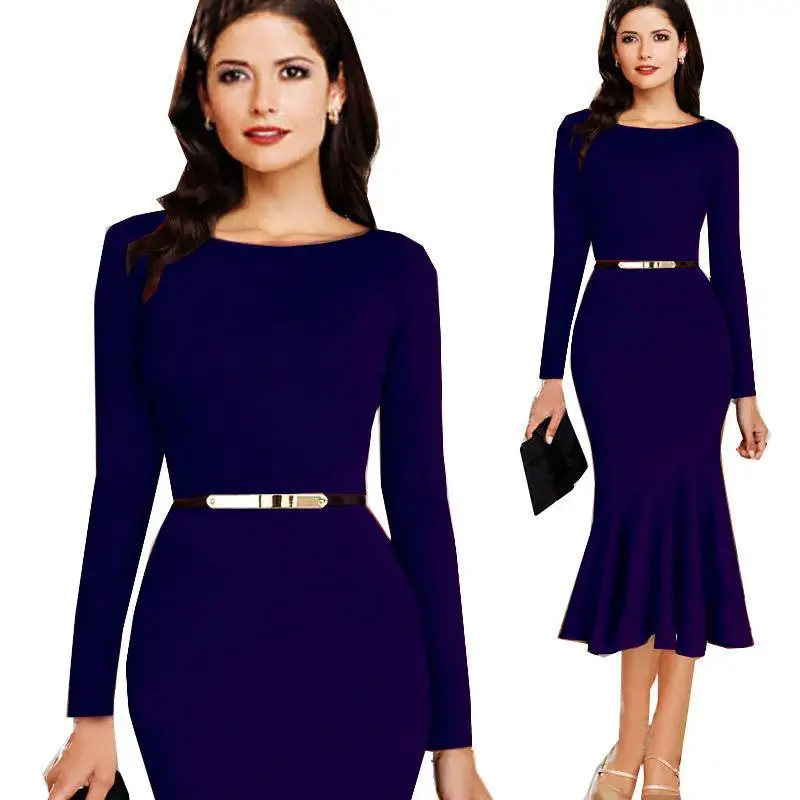 font b Women b font Office Dress O neck Slim Elegant Warp Mermaid Party Long