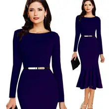 Women Office Dress O neck Slim Elegant Warp Mermaid Party Long Sleeve Dresses Mid calf With