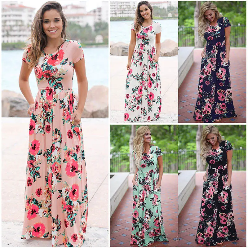 Женские летние платья, новые летние платья с длинным рукавом и эластичной талией, с цветочным принтом, длина до пола, Макси Платье vestidos de festa OYM0320