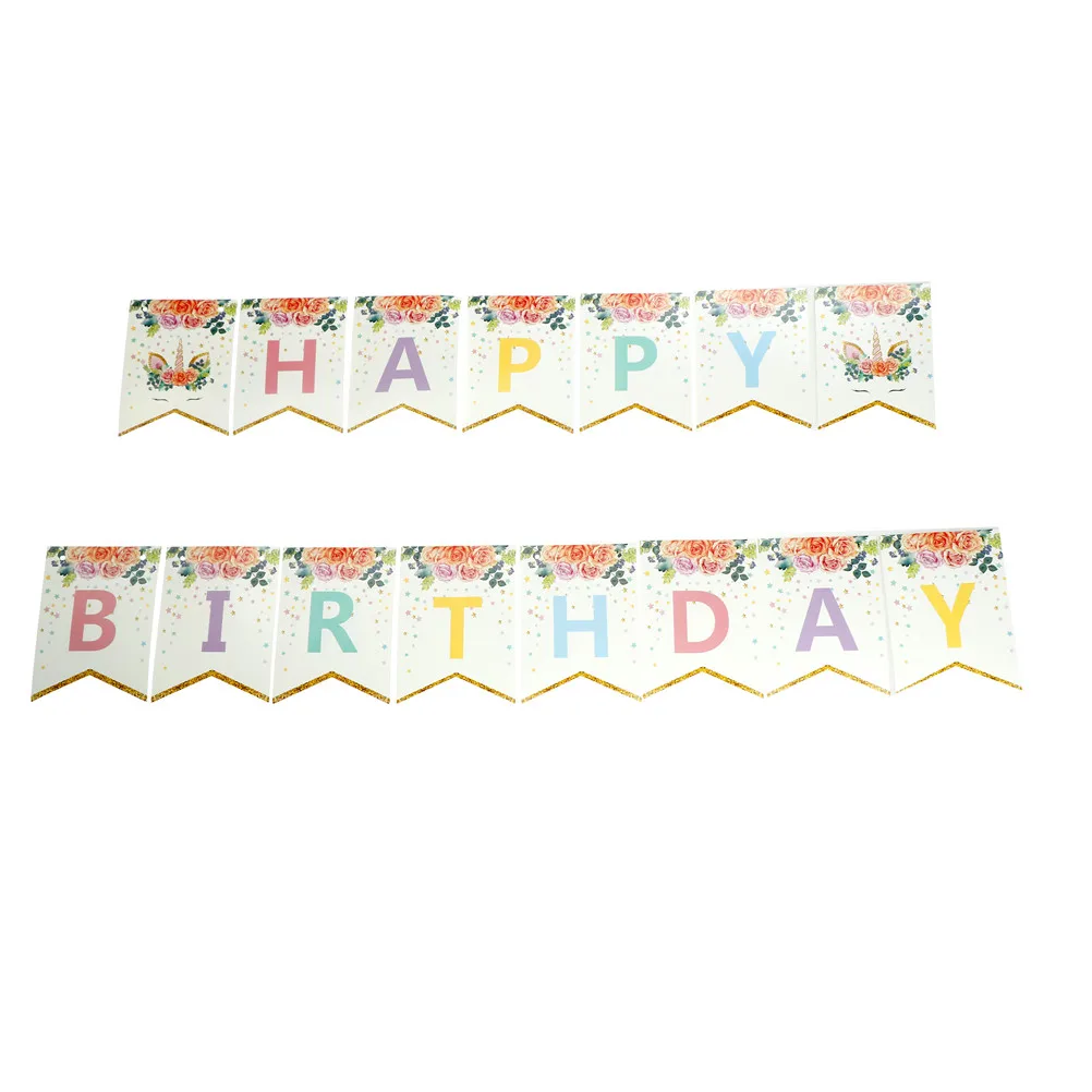 1 Set Unicorn Happy Birthday Banner Glittering Cartoon Bunting Flags For Kids Party Decor