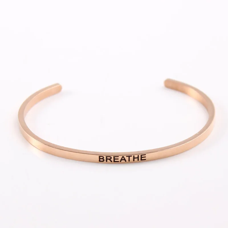 

BREATHE Stainless Steel Engraved Positive Inspirational Quote Cuff Mantra Bracelet Bangle (COLOR:Rose GOLD)