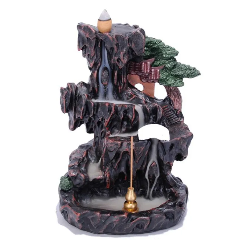 

High Mountain House Backflow Incense Burner Green Plant Home Decor Micro Landscape Waterfall Incense Holder+20pcs Free Cones