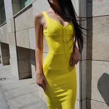 Желтый до колена длинный слинг женское Бандажное платье новое поступление лето знаменитости праздничное платье vestidos сексуальный район платье+ костюм