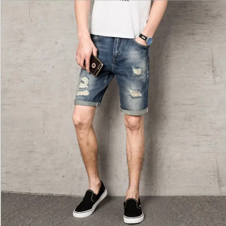 2018 Лето Южнокорейская версия мужские пять минут брюки, Мужская кошка должна сломать отверстие джинсовые шорты LBL35
