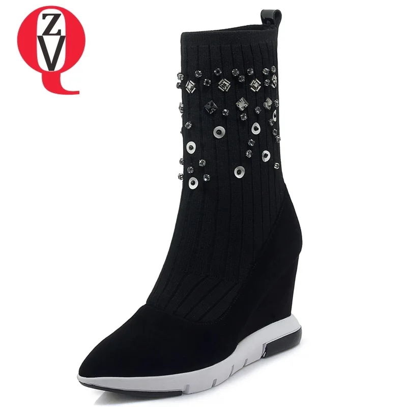 

ZVQ shoes women 2018 new crystal decoration kid suede super high wedges platform slip-on black winter plush warm mid calf boots