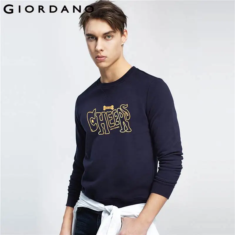 Giordano Men Sweatshirt Ribbed Crewneck Long Sleeve Pullover Printed