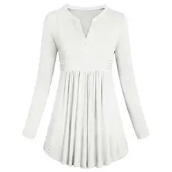 2018 Женская Мода Блузки Для женщин сплошной цвет длинный рукав дамы топы и блузки плиссированные кнопку Flare Нижняя блузка рубашка