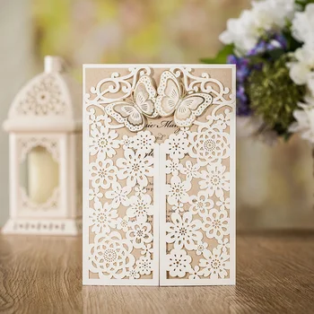 

20pcs Wishmade Ivory Laser Cut Wedding Invitations Cards With Gold Butterfly Hollow Flora Design for Bridal Shower Party CW7085W