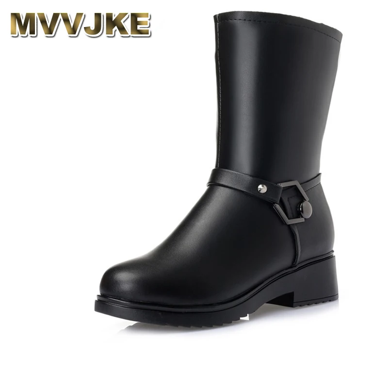 

MVVJKE Women Winter Shoes High Quality Mid-Calf Boots Women's Shoe Natural Wool Genuine Leather Women Winter Snow Boot Plus
