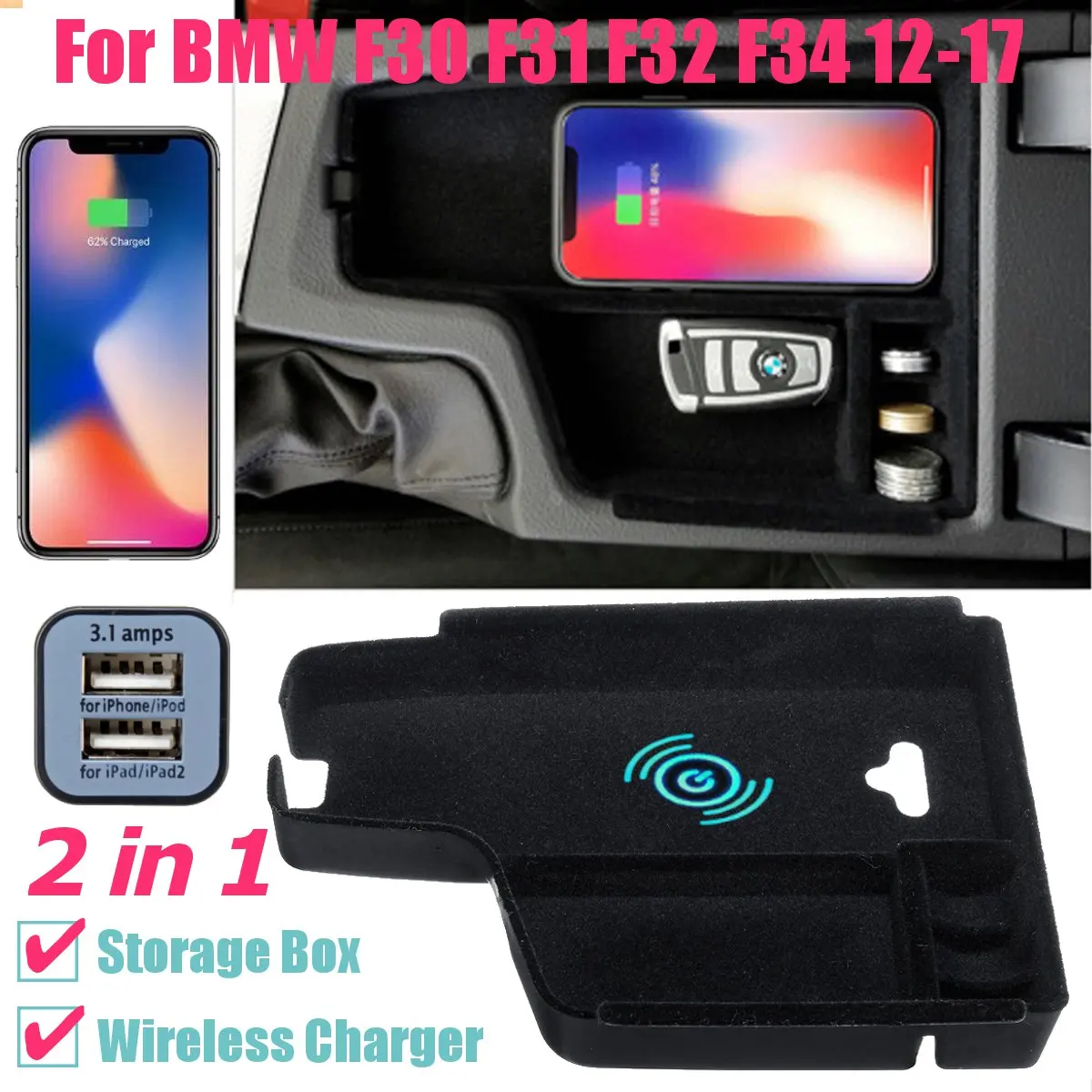 

Mobile phone wireless charging storage box For BMW 5 6 Series X3 X4 X5 X6 G30 G38 F10 F15 F16 F20 F21 F25 F30 F32 F34 F48