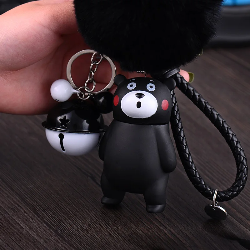 

Cartoon Animal Kumamon Bear Keychain Rabbit Fur Pom Pom Leather Rope Bells Key Ring Car Purse Charm Pendant Key Chains Holder