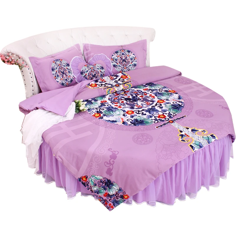 Best LACE ROUND Corner Bed Europe Orange color Flower Bedding sets Cotton Round Double Bed sheet Duvet cover Pillow case Bedskirt 31