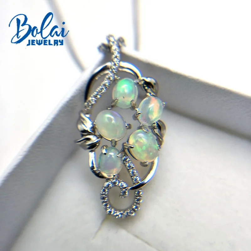 

bolaijewelry,simple style natural multicolor opal oval4*5mm gemstone pendant and necklace in 925 silver for women best gift box