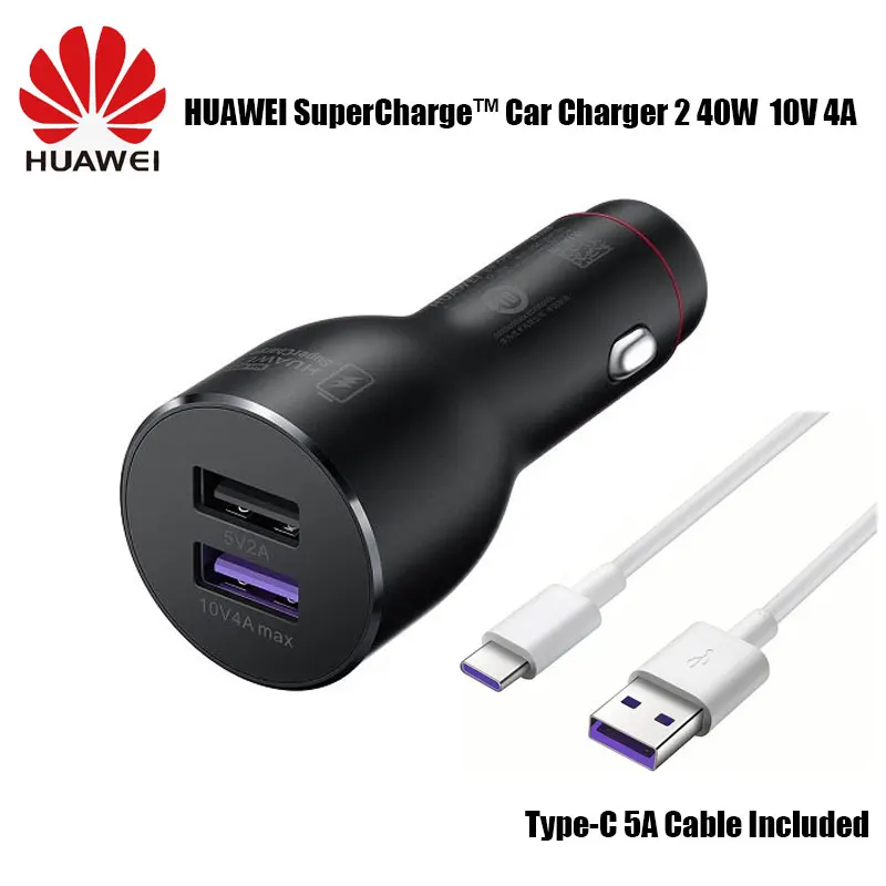 

Original Huawei Supercharge CP37 Car Charger 10V 4A 40W Max with 5A Type C Data Cable for Mate 20 pro RS Honor 10 Magic 2 P20