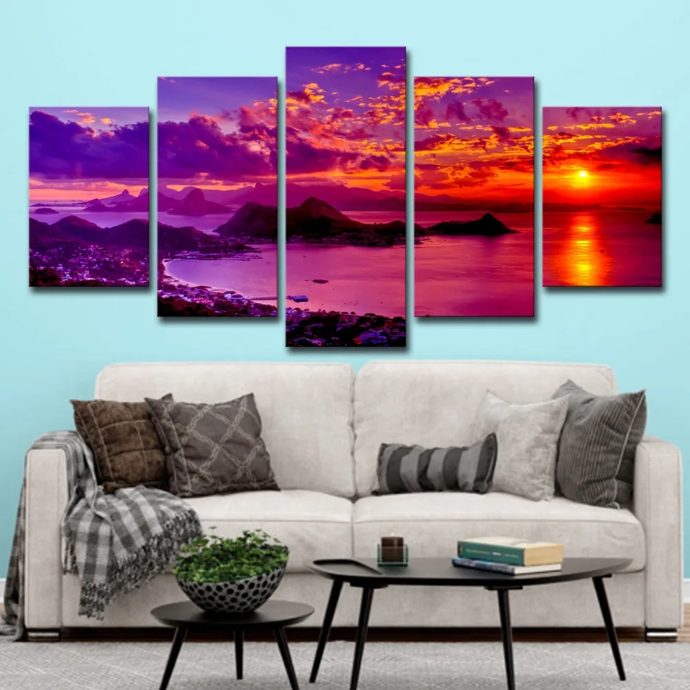 

Pictures HD Prints Home Decor Canvas Poster 5 Pieces Rio De Janeiro Colorful Sunset Paintings For Living Room Wall Art Framework