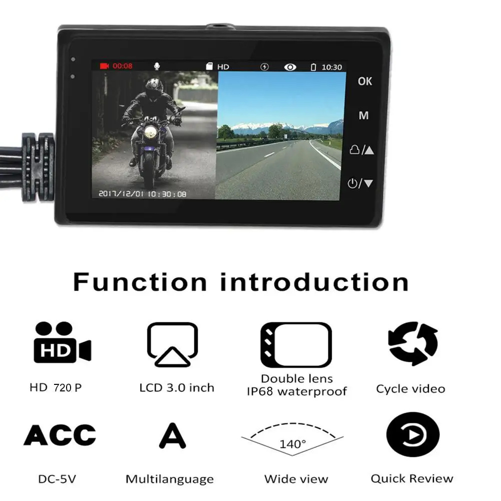 

Universal DC12-24V 720P Waterproof Motorcycle Camera DVR 3.0 Inch HD Display Motor Dash Cam with Special Dual-track Lens Wide Fi