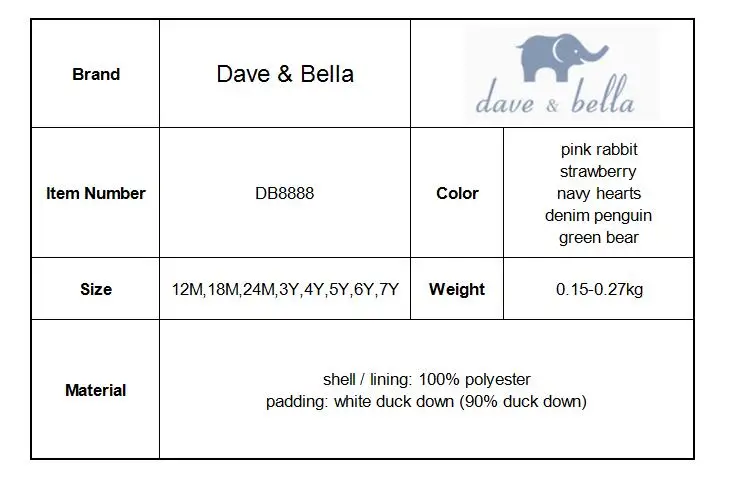 DB8888 dave bella/Детский пуховик Детская верхняя одежда на 90% белом утином пуху модный пуховик унисекс с светильник