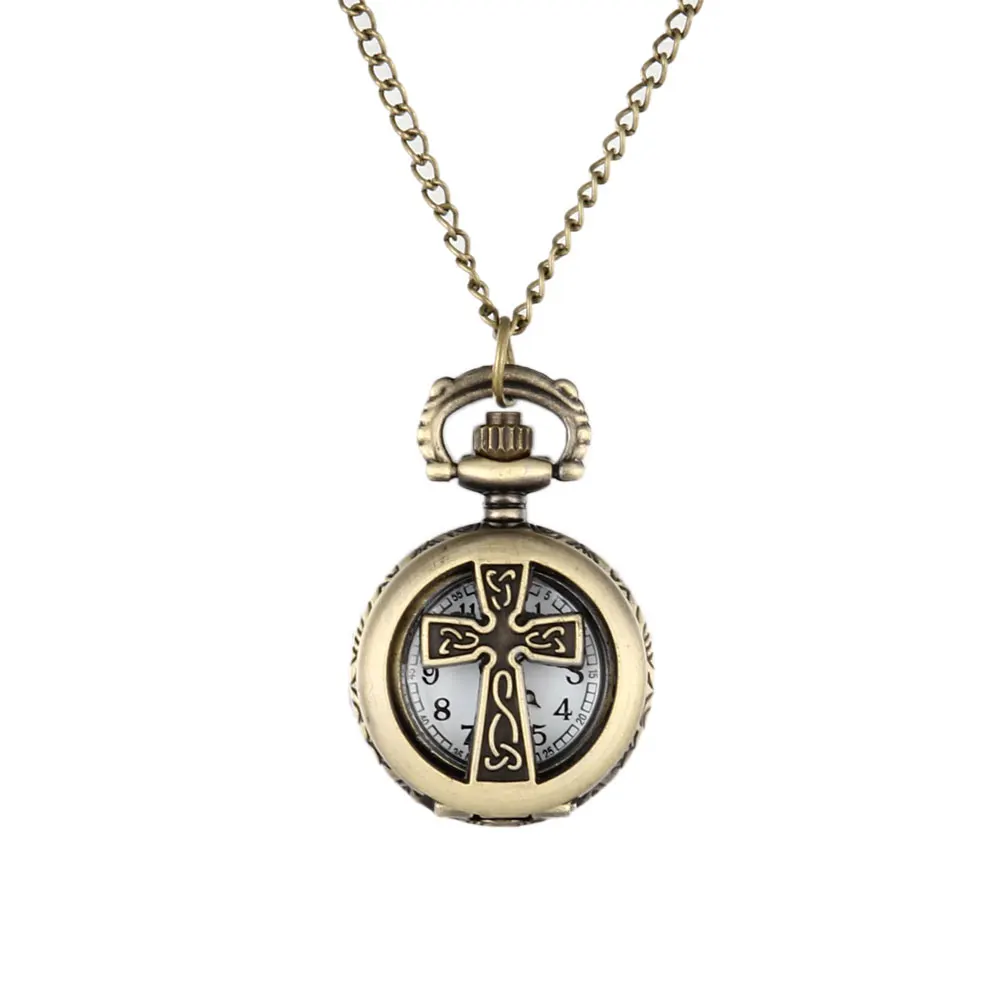 New Vintage Bronze Crucifix Cross Hollow Quartz Pocket Watch Necklace