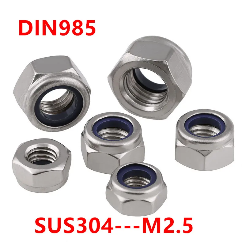 100pcs DIN985 M2.5 Nylon Insert Lock Nuts 304 Stainless Steel A2 Nylon