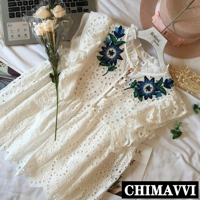 

New Summer National Trend Women's Embroidered Wood Ear Button Openwork Vest Lace Shirt Lady Girls Sweet Sleeveless Blouse Tops