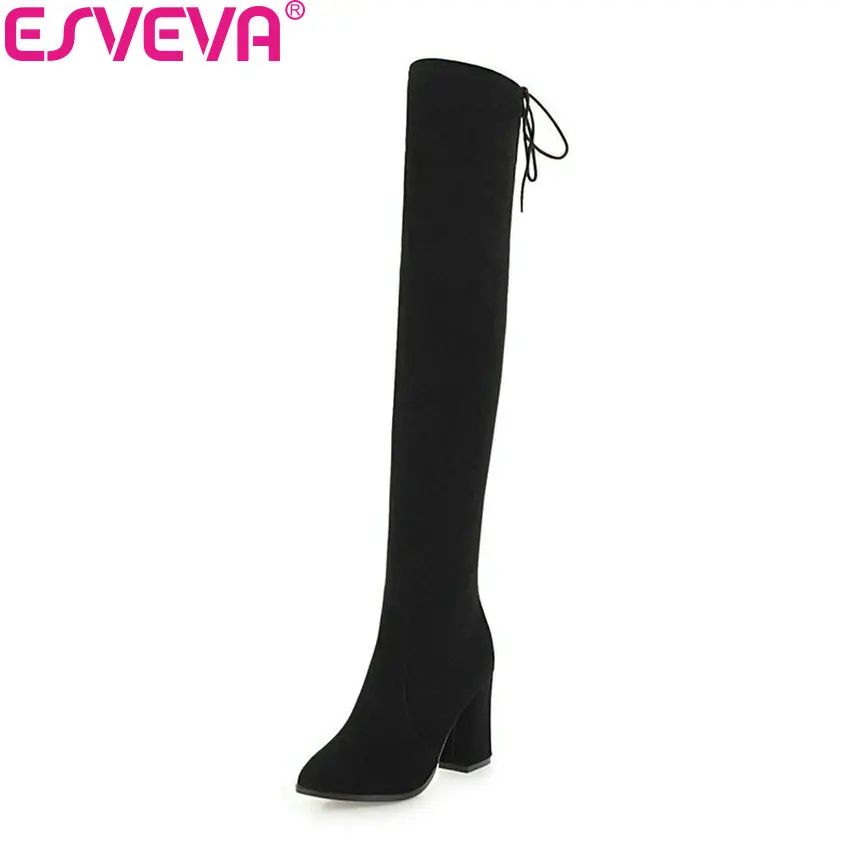 

ESVEVA 2019 Women High Heels Boots Over The Knee Boots Winter Shoes Flock Basic Square Heels Autumn Shoes Woman Size 34-43