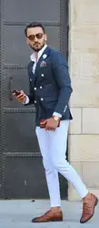 Slim Fit Темно-синие в полоску Мужской Блейзер белые штаны мода двубортный Smart Бизнес для официального торжества выпускного вечера костюм Для