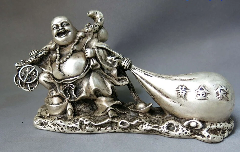 

[old craft ] China silver Feng Shui buddhism lucky gold bag Yuan bao happy buddha Statue