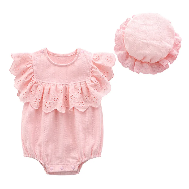 

New Summer Baby Girl Cotton Sleeveless Bodysuit Cap Set Toddle Girl Lace 1piece Body Overall Infant Girls Cute Clothes Born 3m