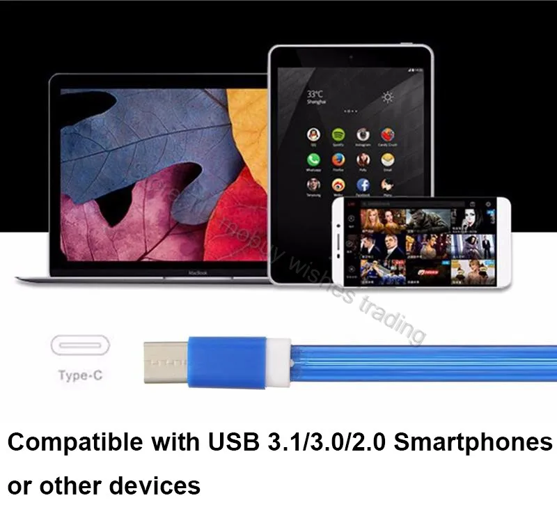 1 м/1 метр светодиодный плоский USB Type C кабель для быстрой зарядки Cabel HTC 10/Ulefone future/Zopo