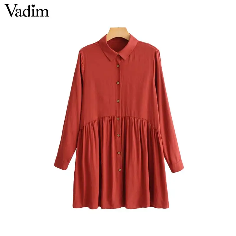 

Vadim women chic pleated shirt dress long sleeve turn down collar solid female casual mini dresses vestidos mujer QA789