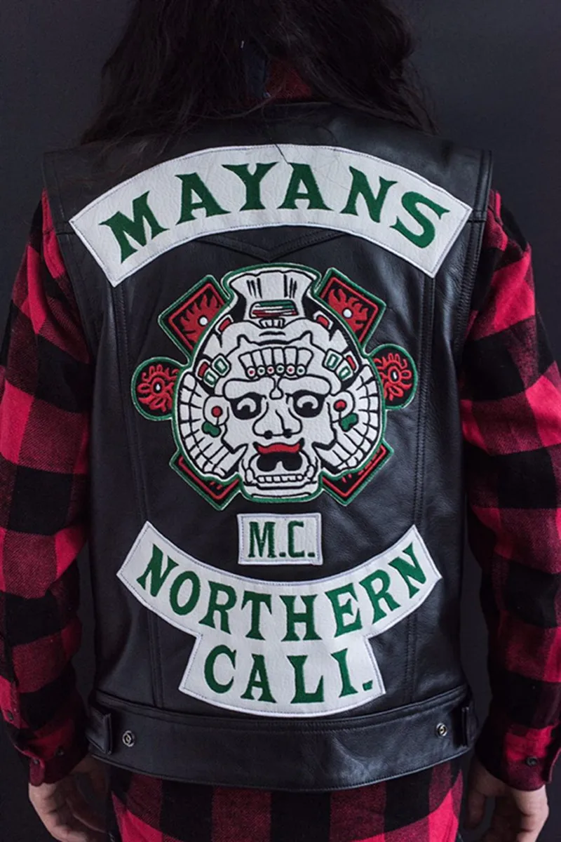 Новое поступление Mayans. MC Косплей Костюм Харли мотоциклетный клуб жилет куртка Вышивка кожаный жилет черный Панк пальто на заказ размер