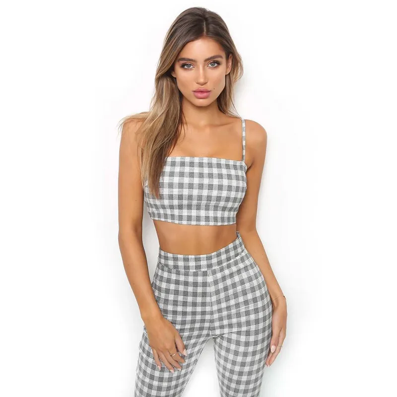 

Plaid 2PCS Women 2018 New summer fashion pant set sleeveless strappy crop top High waist ruffles casual pants Streetwear clothes
