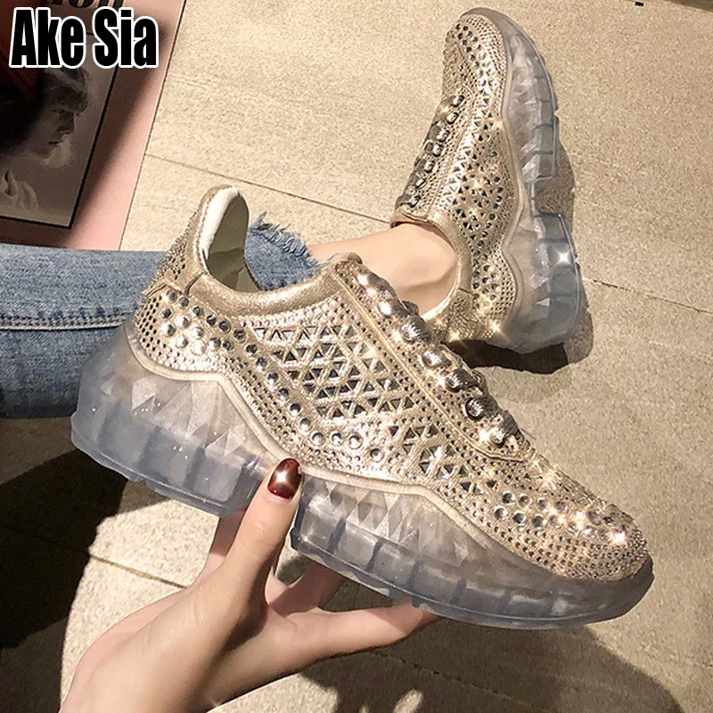 

Ake Sia Youth Female Women Lady Mujer Casual Fashion Lace Up Transparent Crystal Thicken Heighten Soled Outdoor Walks Shoes A269