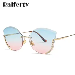 Ralferty роскошные дамы кошачий глаз солнцезащитные очки Для женщин без оправы Кристалл солнцезащитные очки UV400 серые градиентные очки люнет
