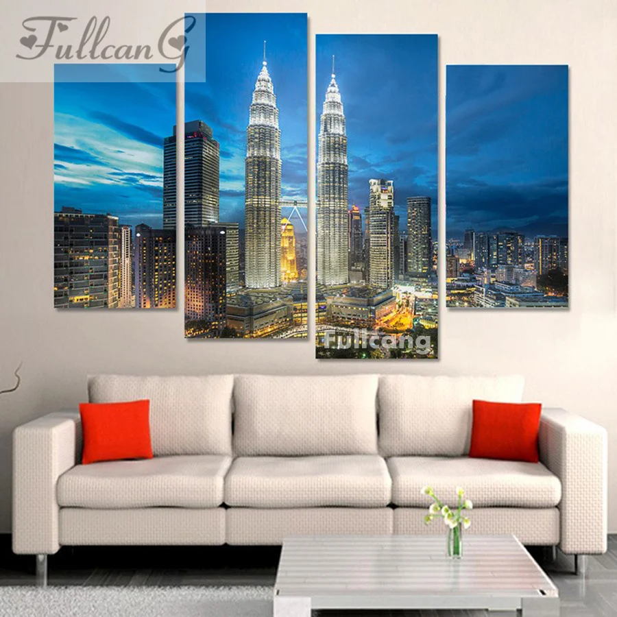 

FULLCANG 5d diamond mosaic diy diamond painting 4 pcs splendid city full square diamond embroidery scenery pattern F115