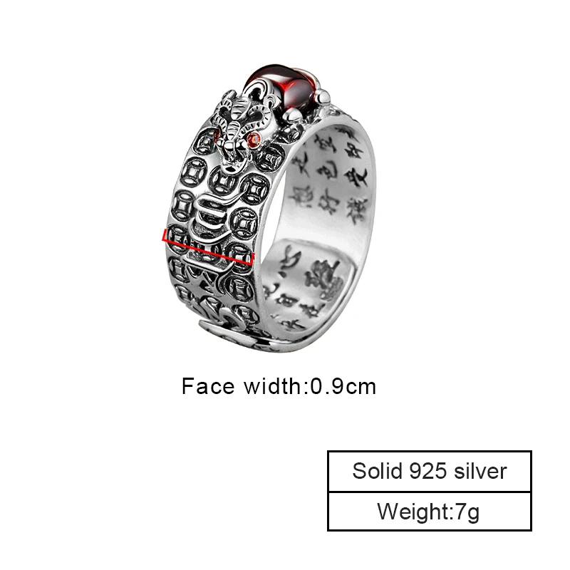 ZABRA 925 Sterling Silver Religion Adjustable Size 7.5 to 11.5 Ring For Women Men Lettering Brave Troops Red Zircon Birthday