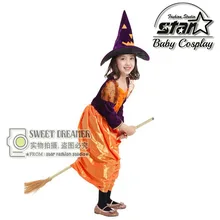 Костюмы для косплея на Хэллоуин для девочек, платье ведьмы с тыквой, маскарадное нарядное платье для детей, Карнавальная одежда с шапкой