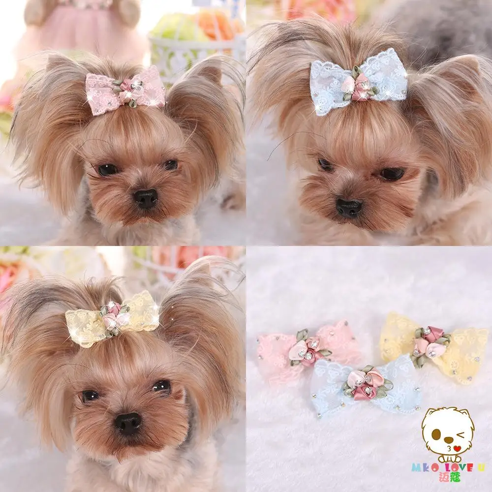Newest Dog Accessories Sparkling Diamond embroidery lace dog small hairpin dogs Hair Accessories