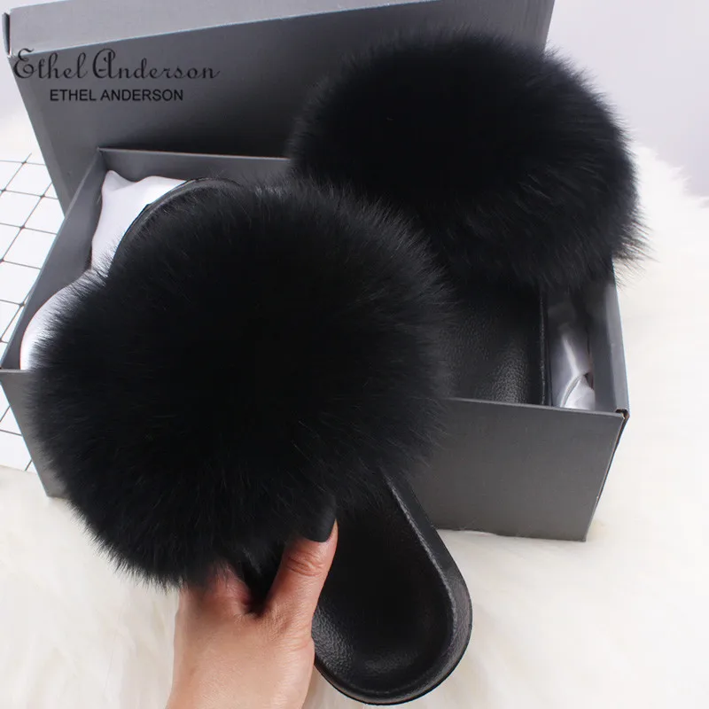 Top Selling Real Fur Slippers Slides Women Summer Plush Fox Flip Flops Holiday Fluffy Raccoon Fur Sandals Shoes - Цвет: Black Fox Fur