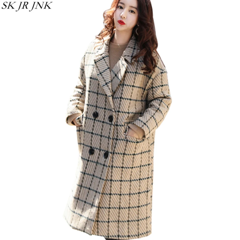 Plaid Striped Vintage Thicken Warm Woolen Overcoat Women Plus Size