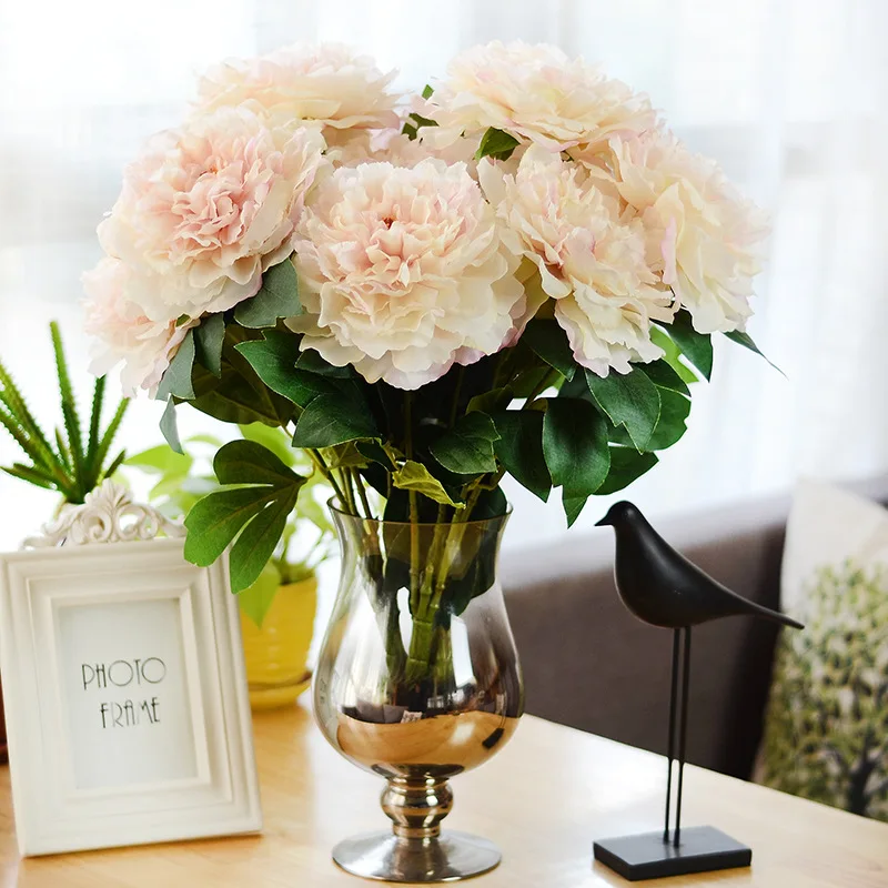 

Rose Pink Silk Peony Artificial Flowers Bouquet 5 Big Head Cheap Fake Flowers For Home Wedding Decoration Indoor