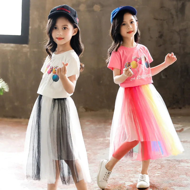

Girls Clothing Sets 2019 Summer Kids Clothes for Teenager Balloon Print T-shirt Multicolor Skirt Suit for Kids Children Clothing